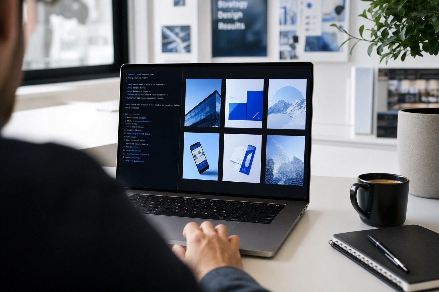 An agency owner at a laptop running Claude Code: a terminal on the left, a grid of freshly generated on-brand navy and blue marketing images on the right